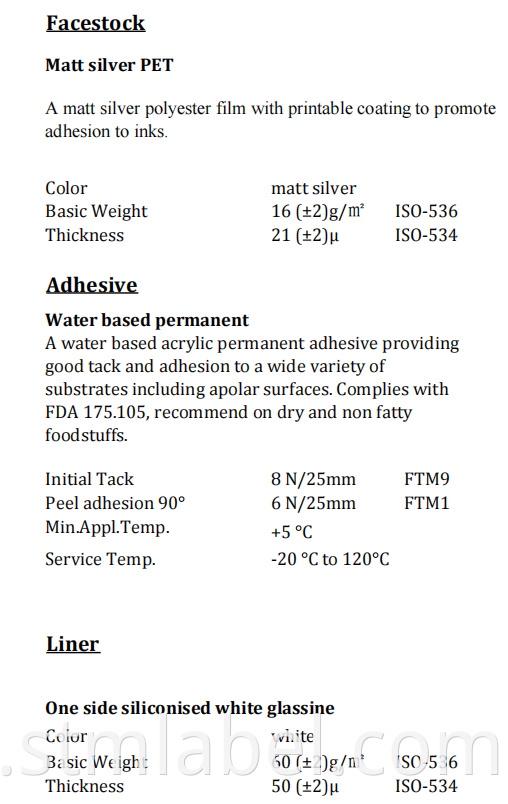 71i3322 25u Matt Silver Pet Water Based Permanent White Glassine